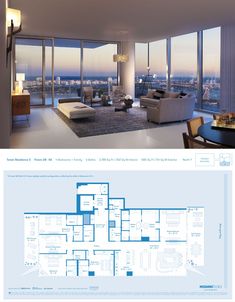 the floor plan for this modern apartment is shown in blue and white, with large windows