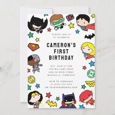 a birthday card with superheros and stars on the front, which reads'cameon's first birthday