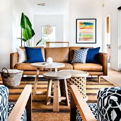 a living room filled with lots of furniture next to a painting on the wall above a coffee table