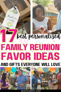 a collage of family reunion favors with text overlay that reads 17 best personalized family reunion favors and gifts everyone will love