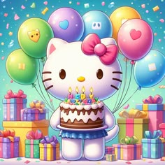 a hello kitty holding a birthday cake with balloons in the air and presents around it