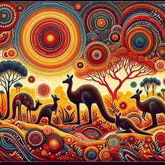 an art work with kangaroos and trees in the background, surrounded by swirly circles