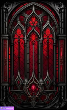 a gothic stained glass window with red light coming from it's center and sides