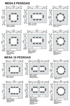 different types of tables and chairs are shown in the diagram, with measurements for each table