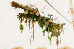 flowers and greenery are hanging from the ceiling