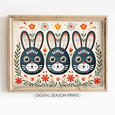 an image of three rabbits in the middle of flowers and leaves on a white wall