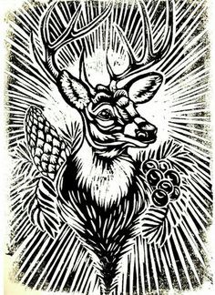 a black and white drawing of a deer with sunbursts in the background