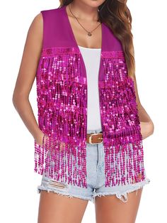 PRICES MAY VARY. 【Fringe Vest】Our pink fringe vest women combines polyester and sequins to create a soft, comfortable, stylish, and breathable disco outfit. The tassel jacket vest for women is the perfect addition to upgrade your wardrobe. 【Sparkly Cardigan Vest】Sleeveless sequin cardigans for women can fully expresses your unique statement. The pink sequin jacket adorns with shiny sequins, flowing tassels, and pink string details, making the lightweight pink fringe jacket shimmer beautifully un Pink Fringe Jacket, Sparkly Cardigan, Glitter Cardigan, Cardigan Vest Sleeveless, Glitter Jacket, Tassel Jacket, Sequin Vest, 1950s Fashion Dresses, Christmas Dress Women