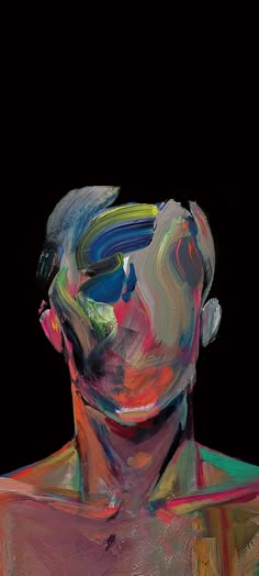 an abstract painting of a man's face and shoulders with multicolored hair