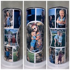 three pictures of children and their family on the side of a coffee cup with collages