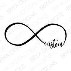 the word custom written in cursive font on a white background with an infinite symbol