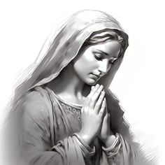 a black and white drawing of a woman praying