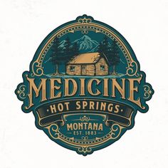 the logo for medicine hot springs, montana is shown in green and gold with an image of