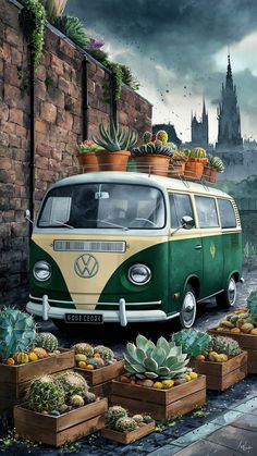 an old vw bus with plants and cacti on the roof is parked in front of a brick wall