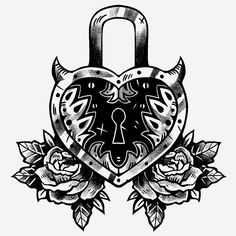 a heart shaped lock with roses on the side and an arrow in the middle is shown