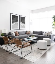 a living room filled with furniture next to a large window and potted plant on top of a hard wood floor