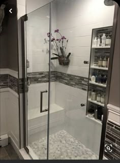 a walk in shower sitting next to a bathroom sink