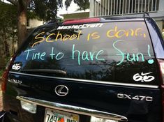 the back of a car with writing on it