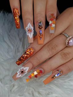 Multicolor  Collar  ABS Geométrico Uñas 3D Embellished Fake Acrylic Nails, Ballet Nails, Long Press On Nails, Nagel Tips, Coffin Press On Nails, Orange Glitter, Thanksgiving Nails, Stick On Nails, Autumn Nails