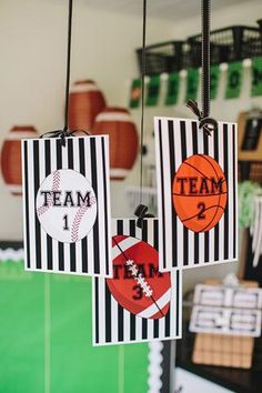 sports themed party decorations hanging from strings