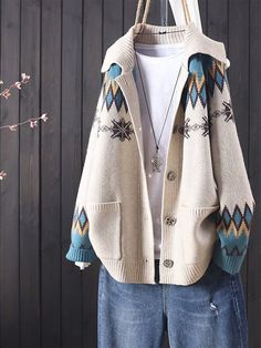 Knit Casual Long Sleeve Geometric Pattern Beige Cardigan Sweater Vintage Cardigan Sweater, Beige Pullover, Cardigan Sweater Coat, Jacquard Sweater, Beige Cardigan, Casual Cardigans, Vintage Cardigan, Printed Cardigan, Cardigan Sweaters For Women