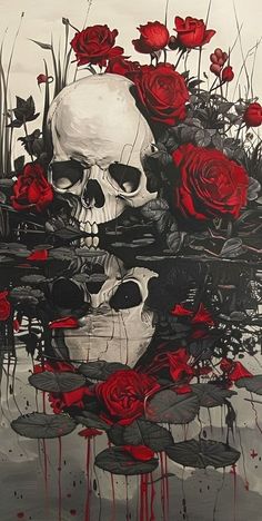 a painting of a skull with red roses in its mouth and water on the ground