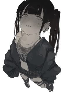 a drawing of a girl with black hair and piercings on her head, looking to the side