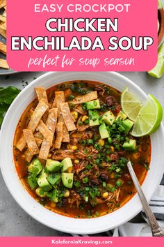 easy crockpot chicken enchilada soup with avocado and cilantro