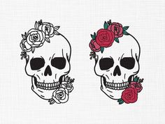 two skulls with roses on their heads