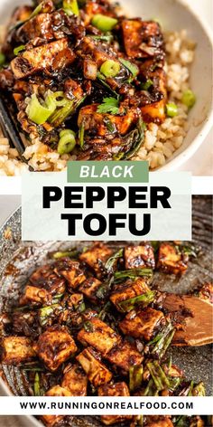 black pepper tofu in a bowl with rice and vegetables