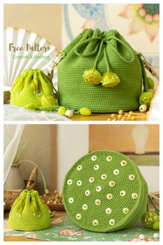 two pictures of green bags with white flowers on the bottom and one is made out of crochet