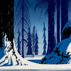 a blue and white painting of trees in the snow