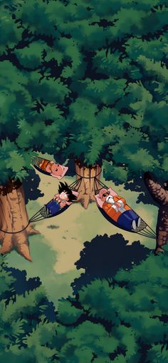 two cartoon characters floating in the air above trees and rocks, with one being pulled by a rope