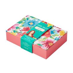 a pink box with colorful flowers on it