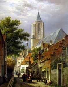 a painting of people walking down a street in an old european town with a church steeple