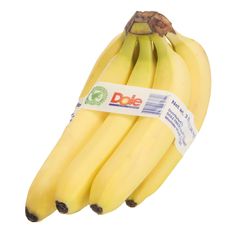 three bunches of ripe bananas on a white background with a dole sticker