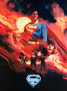 the poster for superman returns, featuring two men in front of a red sky and clouds