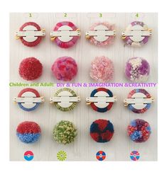 a bunch of different types of hair clips on a white background with text overlay that says children and adult diy & fun organization creativity