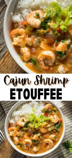 cajun shrimp etoufe with rice and vegetables in a white bowl on a wooden table