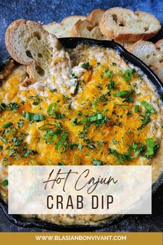 a black skillet with bread and cheese in it on a blue counter top next to the words hot vegan crab dip