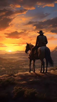 a man riding on the back of a white horse in front of a beautiful sunset