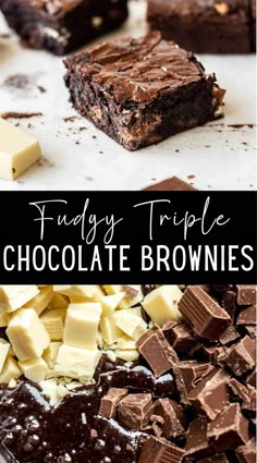 fudgey triple chocolate brownies are on display with the words fudgey triple chocolate brownies