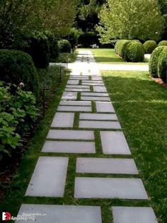 a stone path in the middle of a garden