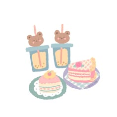 two teddy bears sitting on top of cakes