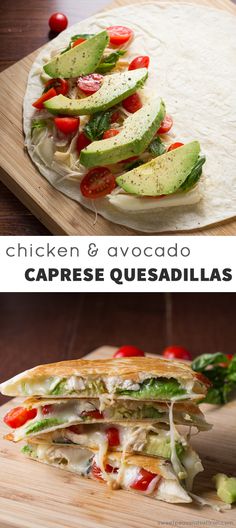 the menu for pint's chicken and avocado caprese quesadillas