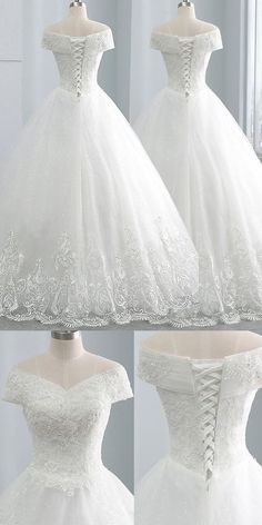 a white wedding dress on display in front of a mirror and another photo showing it's off the shoulder