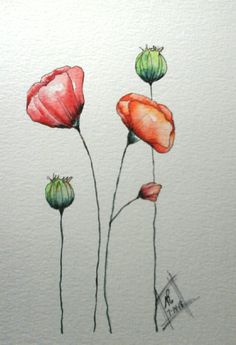 three red and green flowers on a white paper with watercolor pencils in it