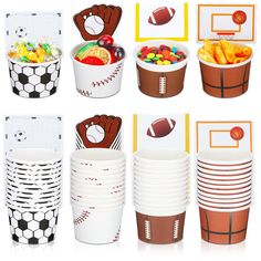 sports themed party supplies including paper cups and plates