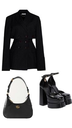 a woman's outfit with black shoes and a handbag