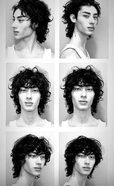 four different shots of a man with curly hair